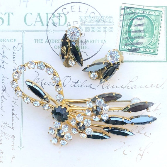 Vintage Rhinestone Brooch and Clip-on Earring Set, Black and Gold Tone