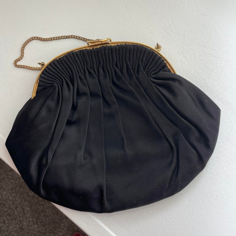1930s Black Floral Embroidered Handbag, Late 1930s/Early 1940s, Purse, Floral Purse, Vintage Fashion, Sleek Black Purse image 7