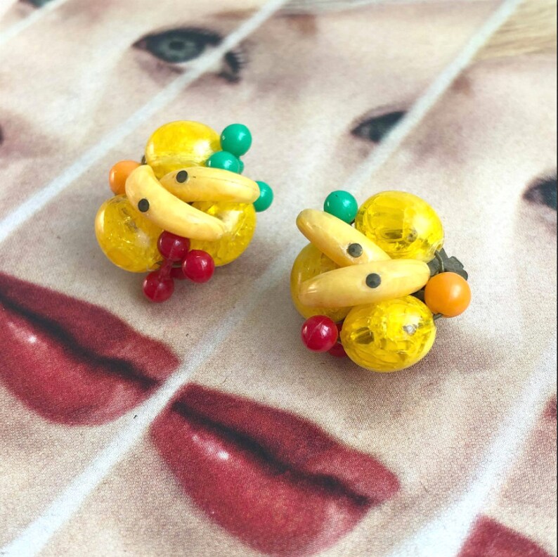 Vintage Fruit Earrings Vintage Beaded Earrings Fruit Salad Clip-on Earrings West Germany