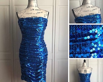 Vintage Blue Sequin Tadashi Cocktail Dress, Size 8