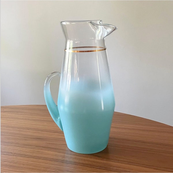 1960s West Virginia Glass Blue Blendo Handled Pitcher, 11.75", Vintage Kitchen, MCM Kitchen, Blue Pitcher, Blendo Pitcher, Glass Pitcher