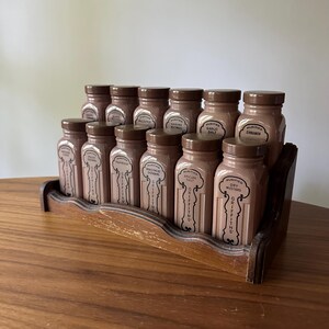 Griffith's Spice Jars With Rack, Set of 12, Brown and Milk Glass