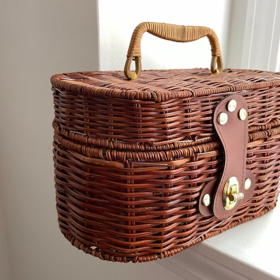 Vintage Wicker Handbag with Gingham Interior, Vin… - image 9