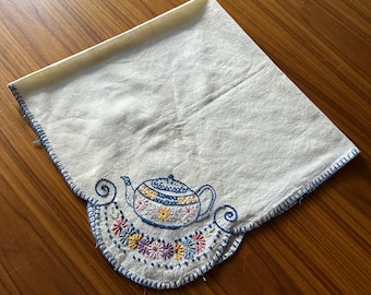 Vintage Embroidered Teapot Tablecloth, Tea Party Decor