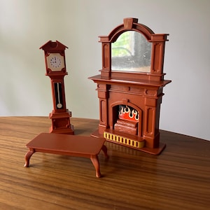 Vintage Little Tikes Grand Mansion Dollhouse Living Room Replacement Pieces, Set of Three: Fireplace, Grandfather Clock, and Bench/Table