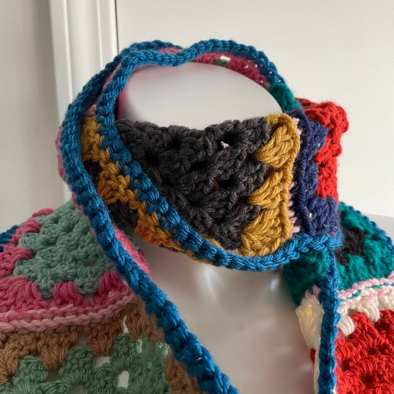 Vintage Granny Square Scarf, Granny Squares, Vintage Crocheted Scarf, Rainbow Scarf, Yarn Scarf, Vintage Scarf, Molly Weasley image 6