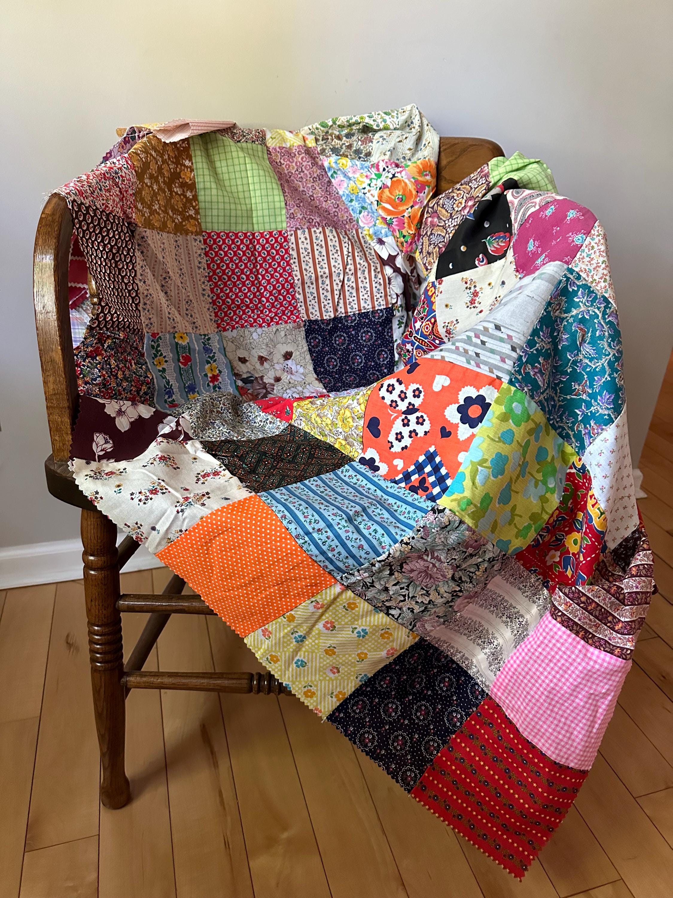 Vintage Patchwork Quilt Top, Eclectic, Mismatched Quilt, Rainbow