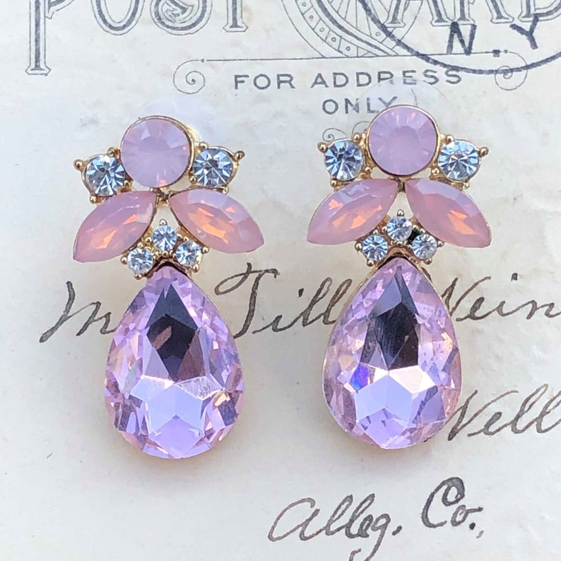 Pink Floral Earrings Pink Bridal Earrings Flower Drop Earrings Pink Earrings Pale Pink Earrings Pink Rhinestone Post Earrings