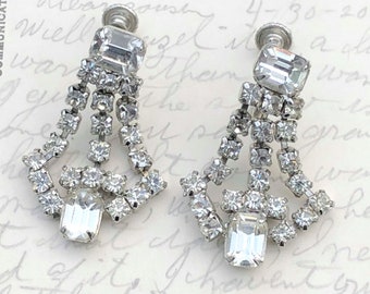 Crystal Clip-on Earrings, Vintage Clip-on Earrings, Snowflake, Dangle, Silver Tone, Rainbow Crystals, Clip-on, Vintage Earrings