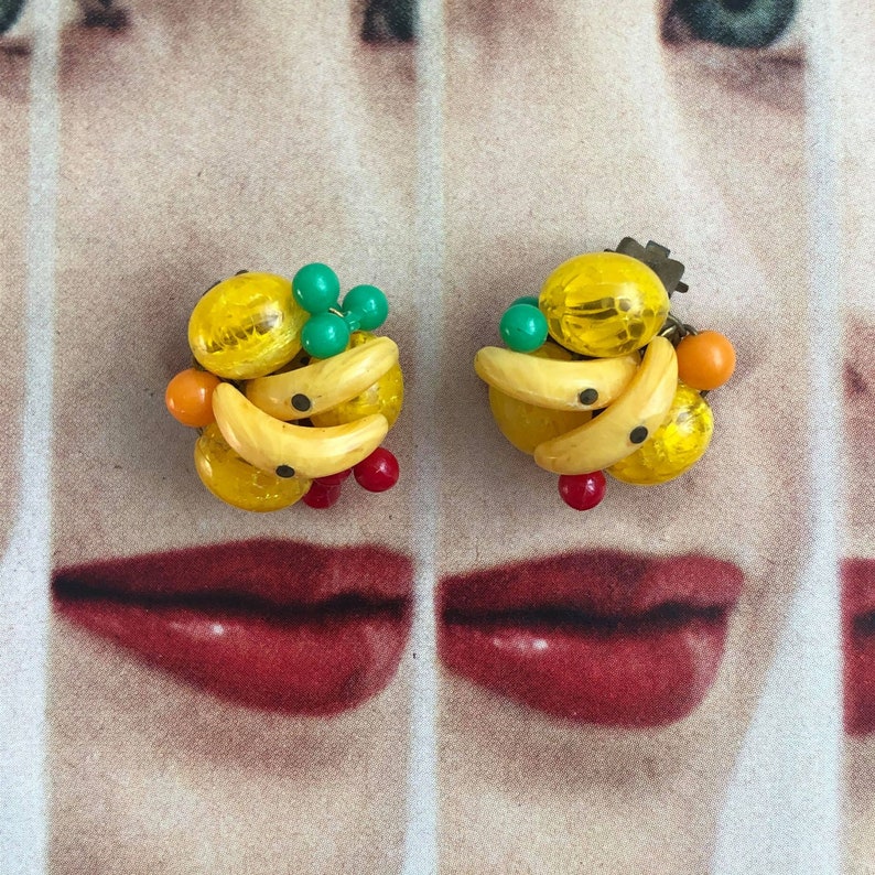 Vintage Fruit Earrings Vintage Beaded Earrings Fruit Salad Clip-on Earrings West Germany