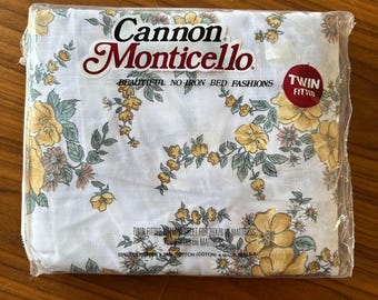 Vintage Cannon Monticello Twin Fitted Sheet, New in Original Packaging: Yellow Florals
