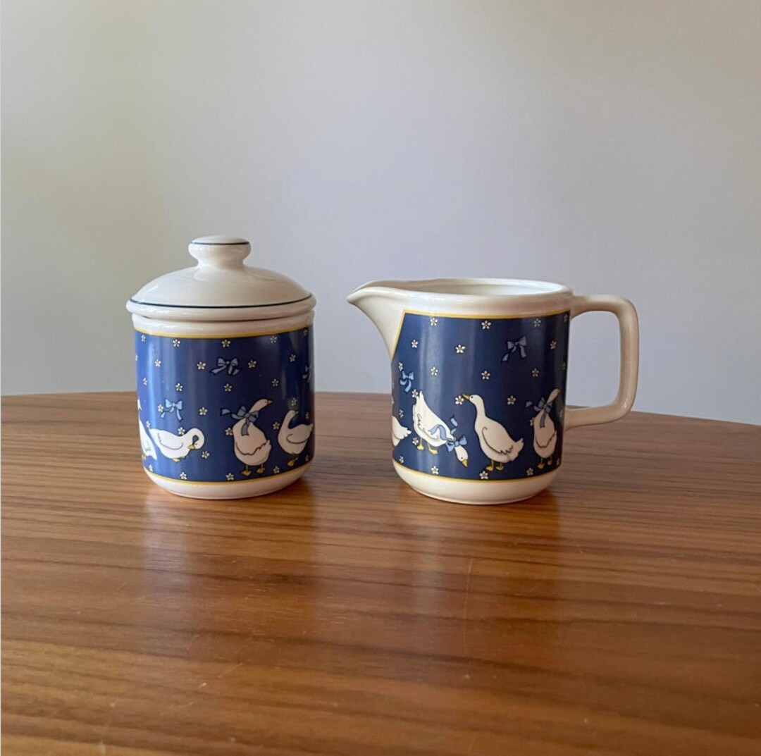 Vintage Blue and White Country Goose Sugar Bowl and Creamer Set, 1980s ...