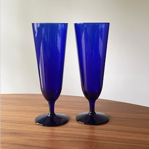 Vintage Cobalt Blue Glass Fluted Glasses, Set of Two: Sling, Fluted, Highball Footed