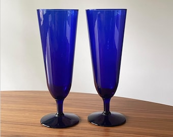 Vintage Cobalt Blue Glass Fluted Glasses, Set of Two: Sling, Fluted, Highball Footed