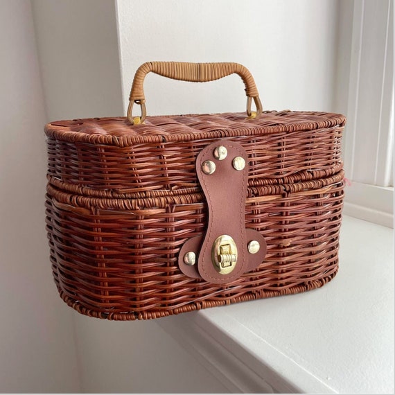 Vintage Wicker Handbag with Gingham Interior, Vin… - image 1