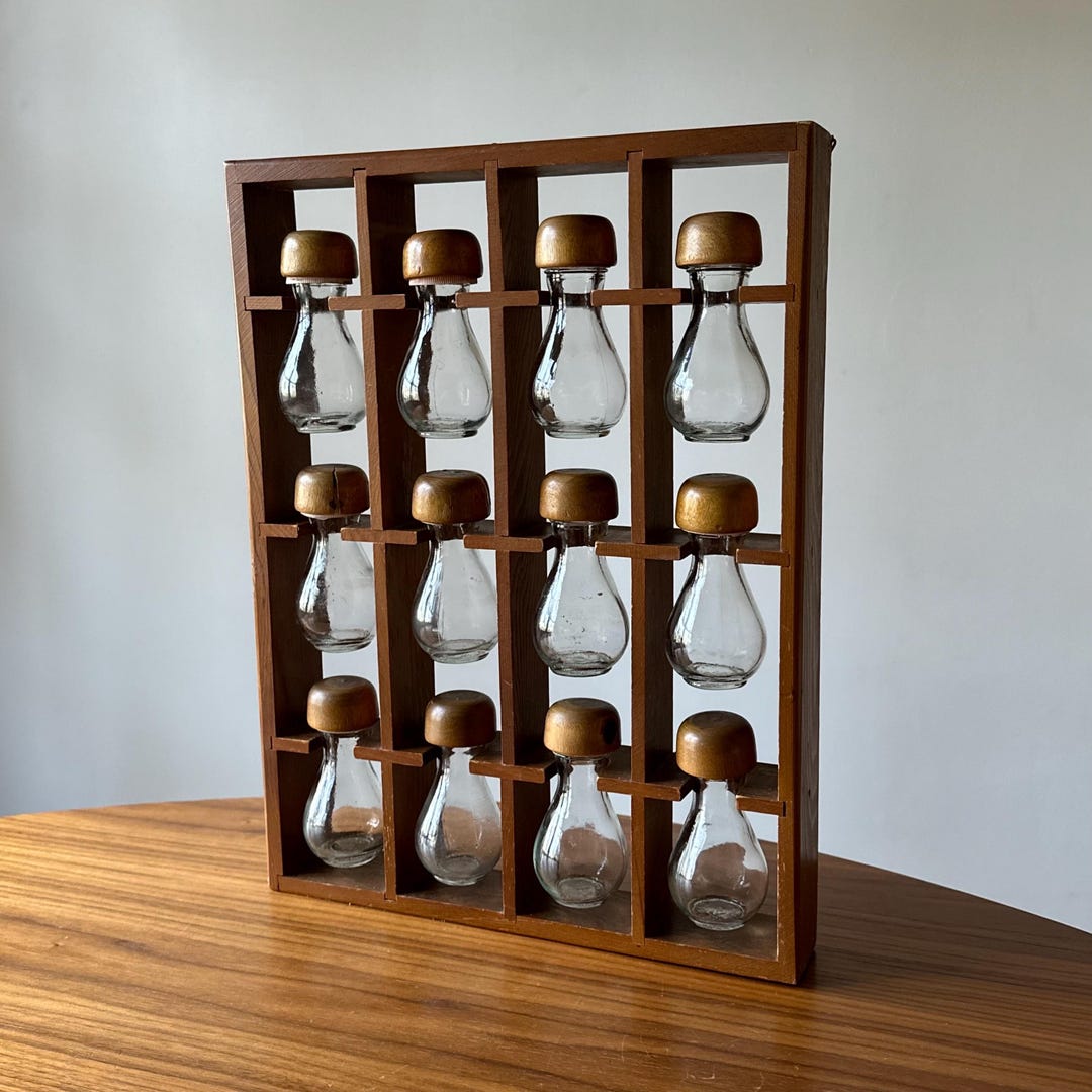 Vintage Mid Century Wooden Spice Cabinet and Apothecary Jars, Spice ...