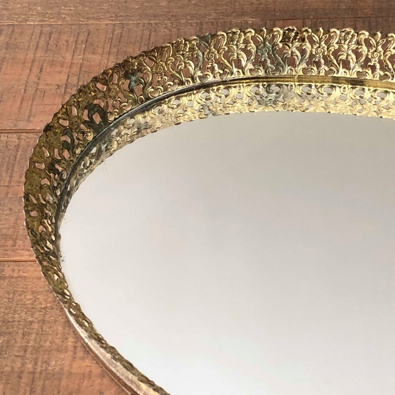 Vintage Oval Mirror Tray Gold Tone Filigree Vintage Mirror Etsy