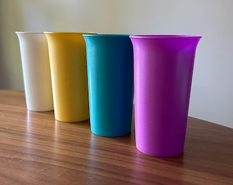 Vintage Tupperware Cups, Set of Four, White, Yellow, Purple, and Turquoise, Vintage Tupperware, #2874A, Tupperware Tumblers, Tupperware
