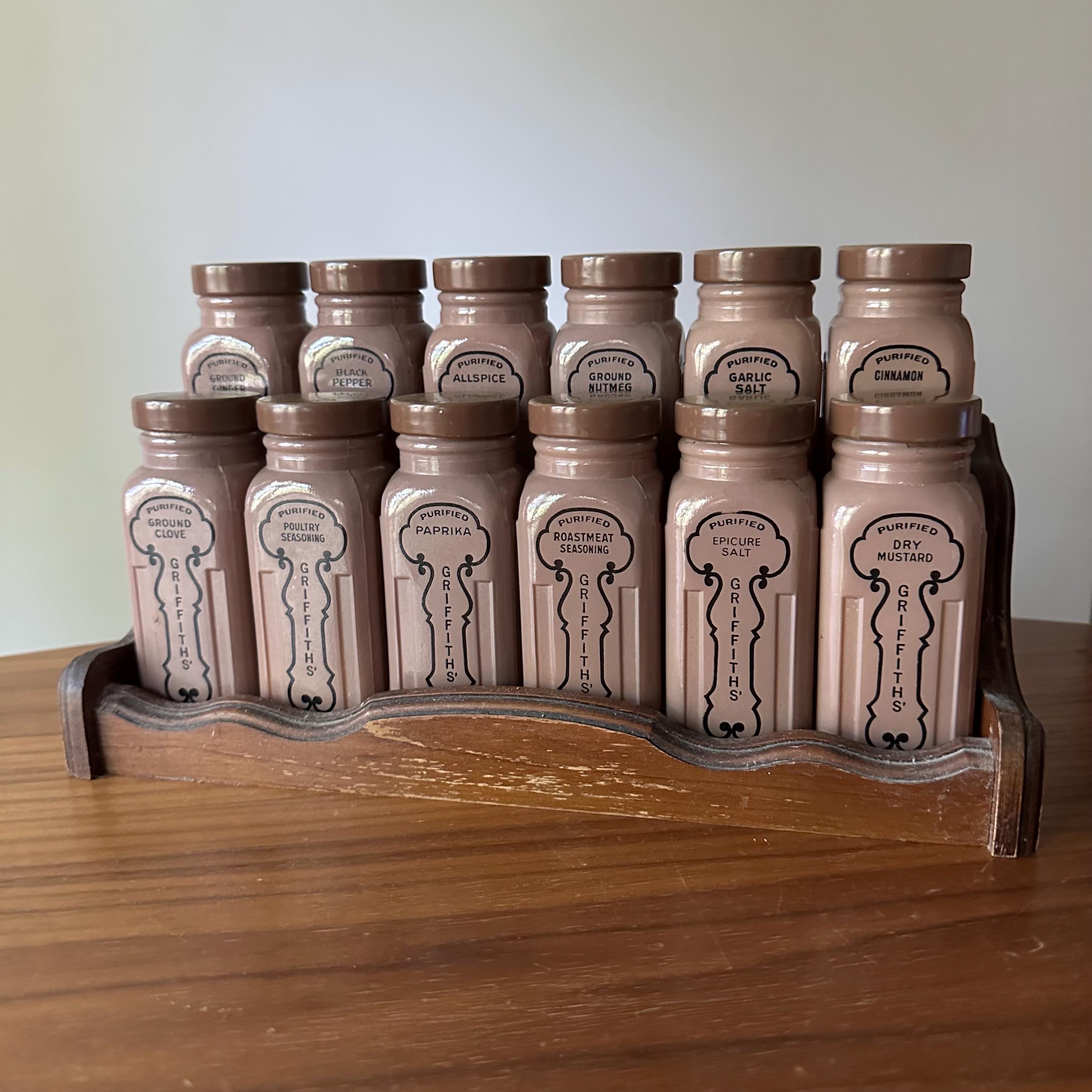 Griffith's Spice Jars With Rack, Set of 12, Brown and Milk Glass
