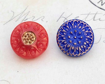 Red and Blue Floral Czech Glass Buttons, Set of Two