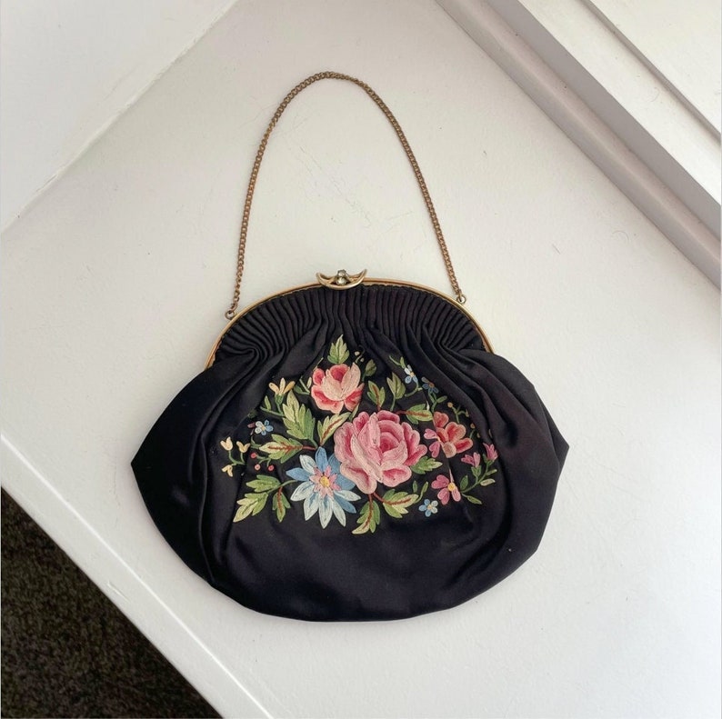 1930s Black Floral Embroidered Handbag, Late 1930s/Early 1940s, Purse, Floral Purse, Vintage Fashion, Sleek Black Purse image 1