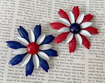 1960s Enamel Flower Brooches, Set of Two, Vintage Flower Brooch, Flower Brooch, White Flowers, Red, White and Blue, Patriotic