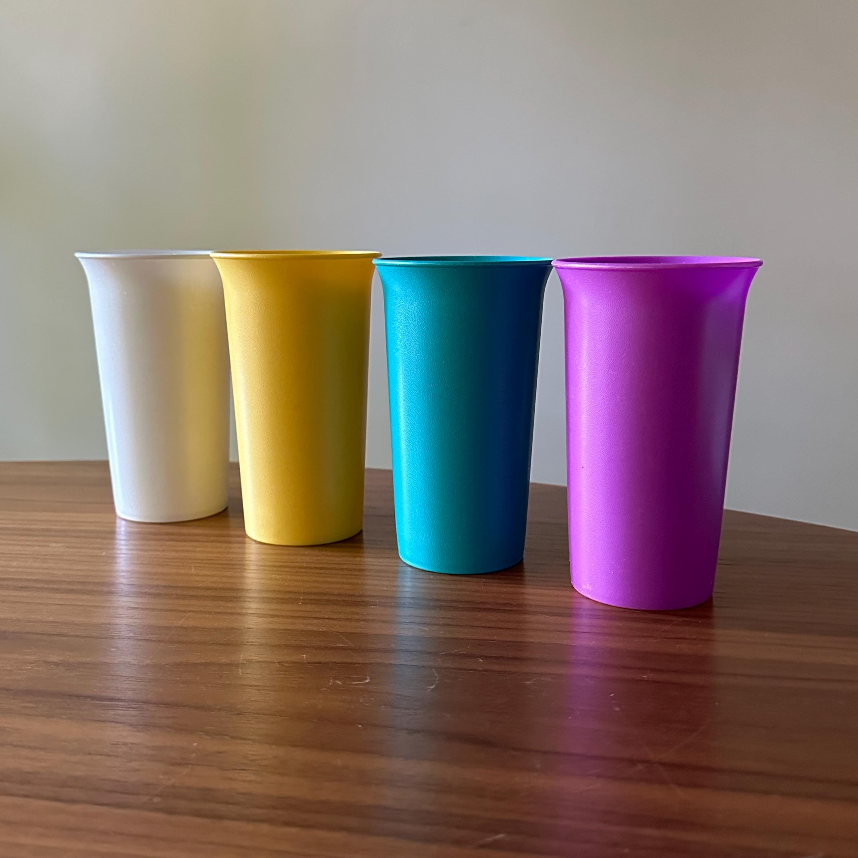 Vintage Tupperware Cups, Set of Four, White, Yellow, Purple, and