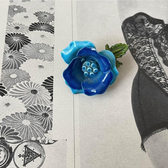 1950's Enameled Flower Brooch, Blue Flower, Metal… - image 1