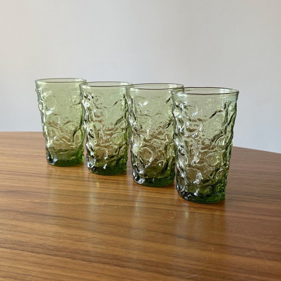 Vintage Orange Juice Glasses, Set of Four, Green Crater, Breakfast