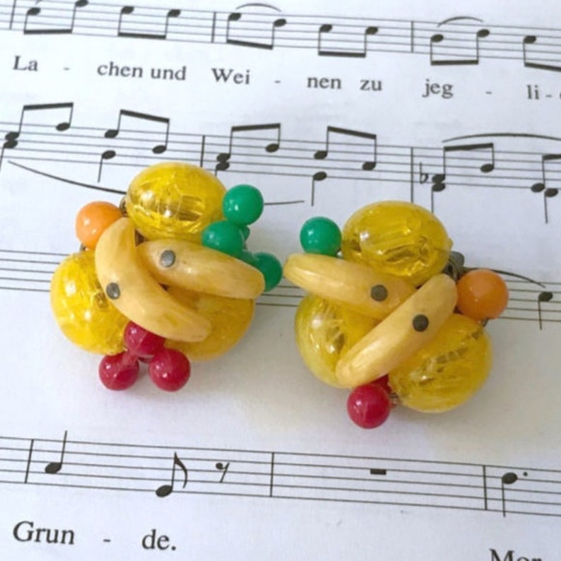 Vintage Fruit Earrings Vintage Beaded Earrings Fruit Salad Clip-on Earrings West Germany