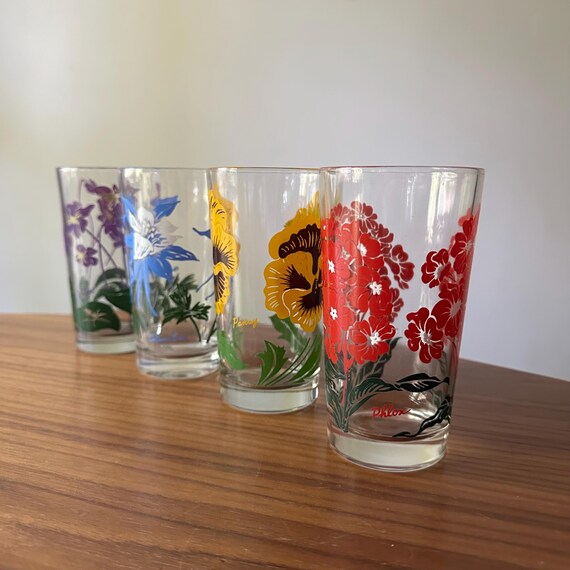Vintage 1950s Floral Tumbler Glasses, Set of Four: Phlox, Pansy