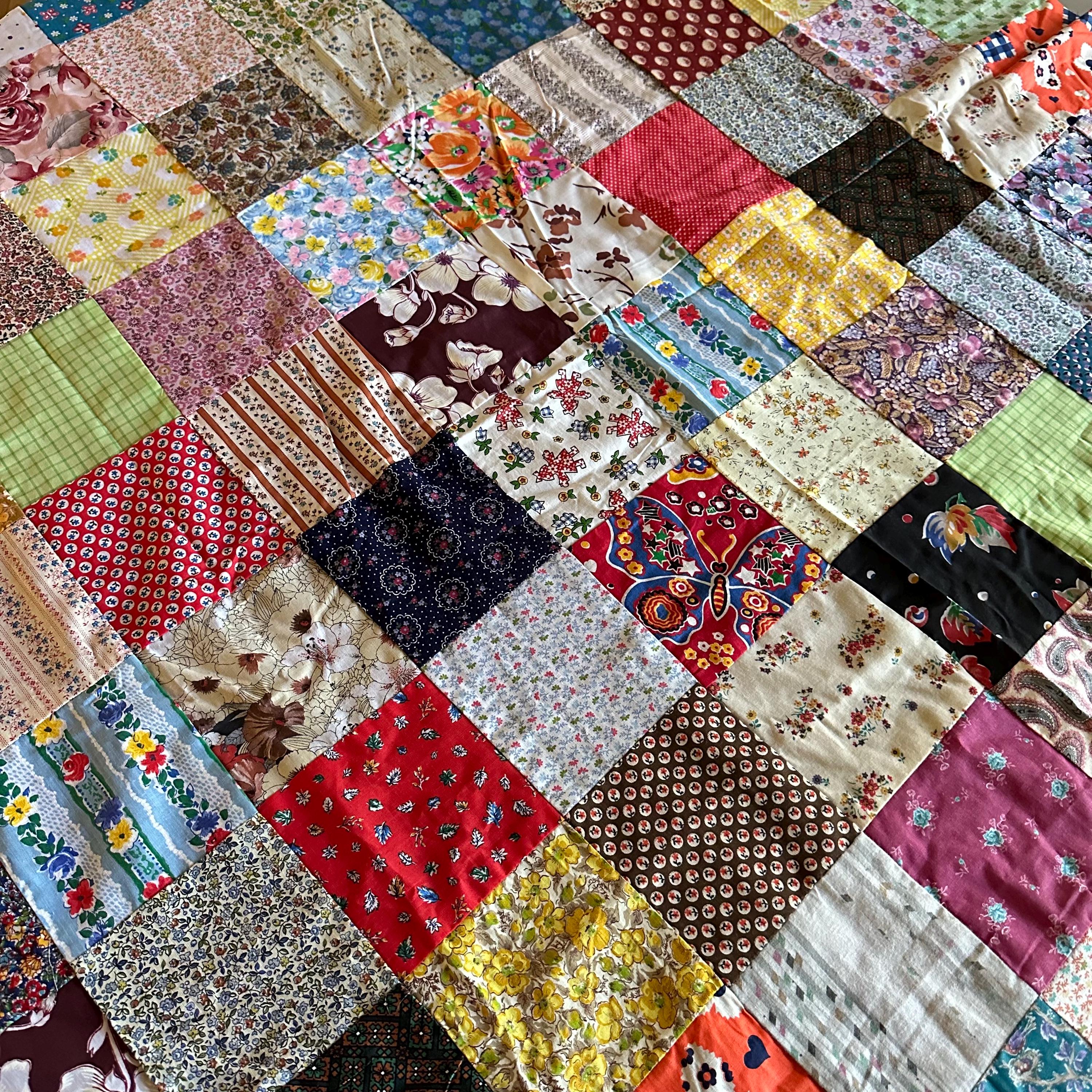 Vintage Patchwork Quilt Top, Eclectic, Mismatched Quilt, Rainbow