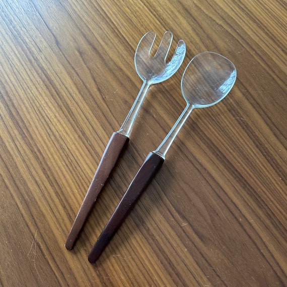 Vintage Acrylic and Wood Serving Utensils, Mid Century Salad Spoons, 1960s, Retro, MCM Serving Ware, Salad Fork and Spoon