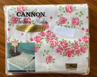 Vintage Cannon Monticello Double Bed Sheet, 81” x 108”, Rose Dream, New in Original Packaging: Pink Florals