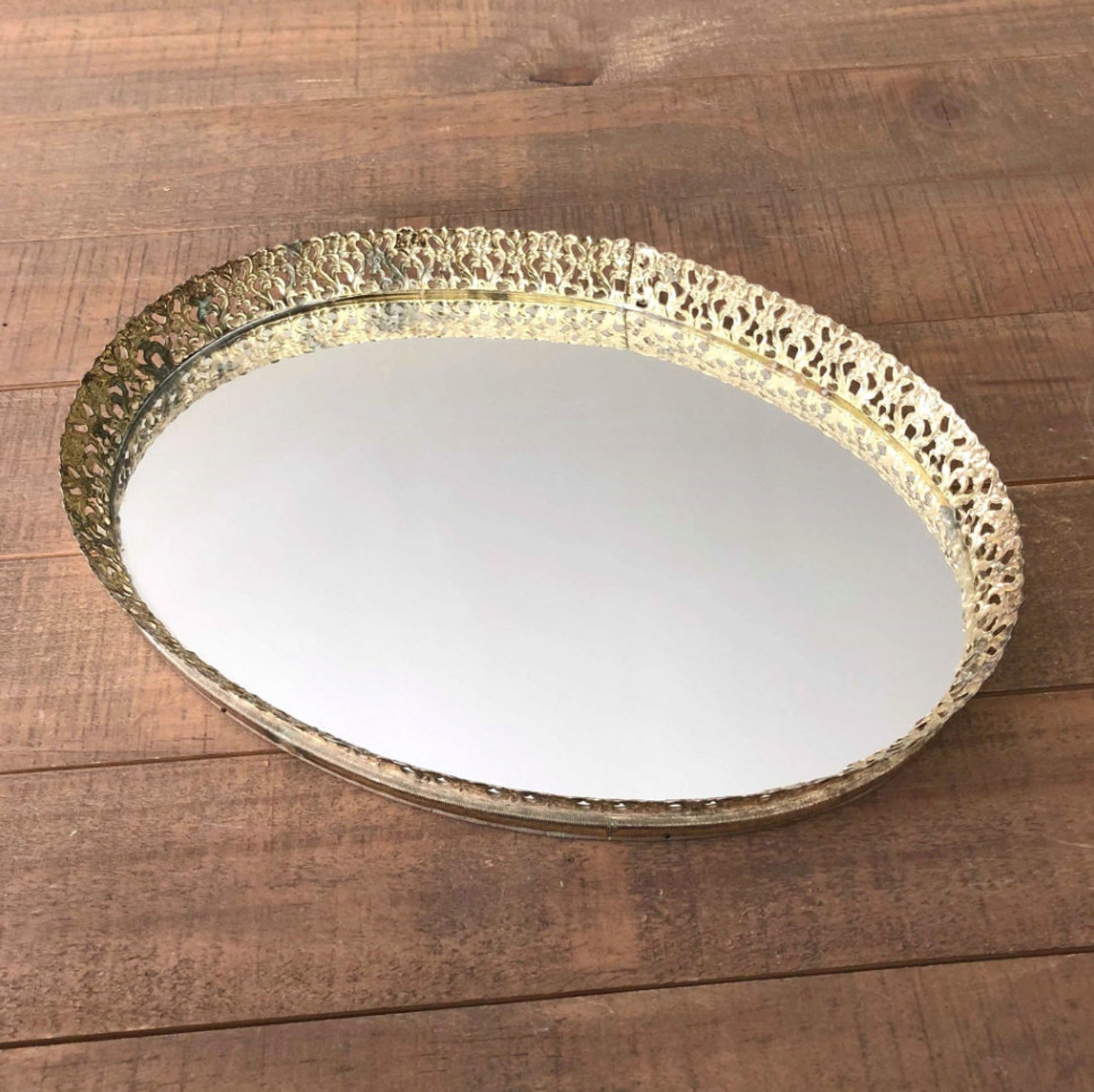 Vintage Oval Mirror Tray Gold Tone Filigree Vintage Mirror Etsy