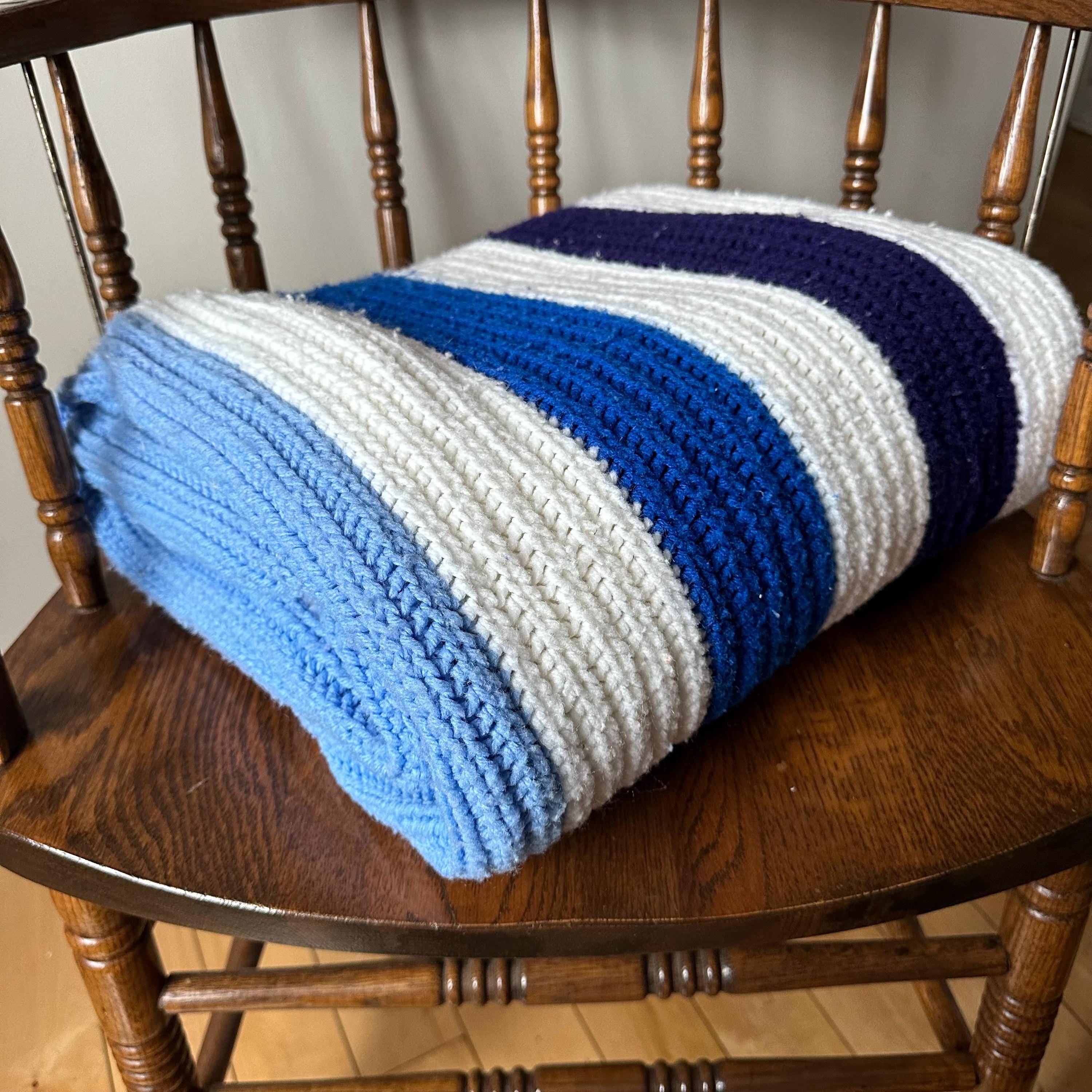 Vintage Afghan Blanket, Vintage Blanket, Vintage Afghan, Mid Century Afghan, Retro Afghan, Handmade Afghan, Blue and White Stripe