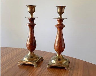 Vintage Wood and Brass Candle Holders, Set of Two, Brass and Teak, MCM, Mid-Century Candle Holders, Brass Candlestick