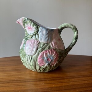 1960s Floral Ceramic Pitcher, ND, Pink and Green Pitcher, Floral Pitcher, Juice, Tea Pitcher, MCM Kitchen