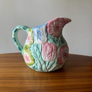 1960s Floral Ceramic Pitcher, ND, Pink and Green Pitcher, Floral Pitcher, Juice, Tea Pitcher, MCM Kitchen