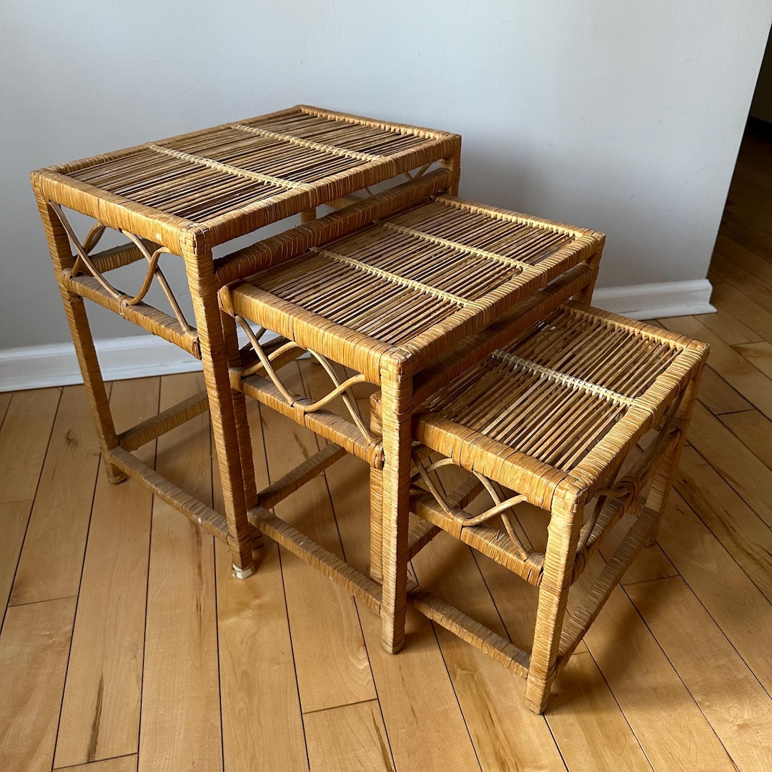 Vintage Woven Natural Rattan Nesting Side Tables, Set of Tree - Etsy