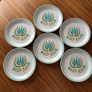 Franciscan Tulip Time Earthenware Dishes, Set of 6, Mid Century: 1960s-1970s, Tulip Plates, Creamer, Cups, Vintage Franciscan, Dutch Tulip