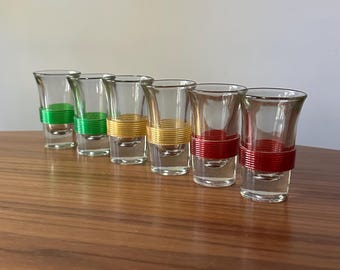 Vintage TSING TAO Shot Glasses with Celluloid Bands, Set of Six, Blade Runner, Star Trek Voyager, MCM Barware, Vintage Bar Supplies