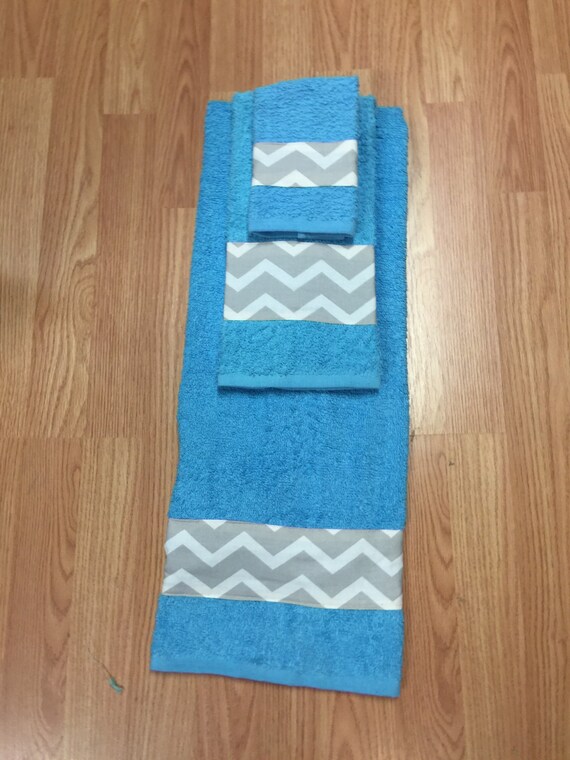 Set of 3 Bathroom towels Turquoise Gray Chevron Etsy