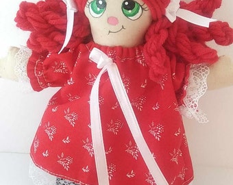 Mini 8 Inch Rag Doll Red Yarn Hair Green Eyes Raggie Cloth Collectible Art