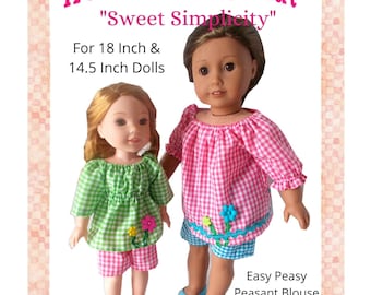 Sweet Simplicity, Peasant Boho,  Blouse Short Set,  Doll Clothes, 18 Inch, 14.5 Inch, PDF Digital Sewing Pattern