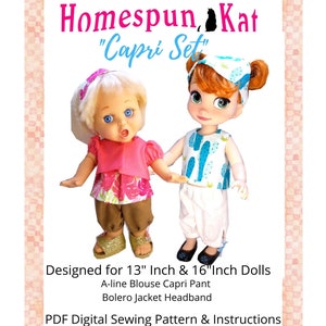 Capri  Four Piece Set, 13 Inch Baby Face, Animator, Doll Clothes PDF Instant Download ,Sewing Pattern Pants ALine Top Bolero Jacket Headband