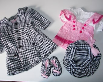 18 Inch Doll Clothes Houndstooth Coat, Hat, Jumper Dress Set, Shoes Doll Clothing Made for 18 Inch Original One of a Kind