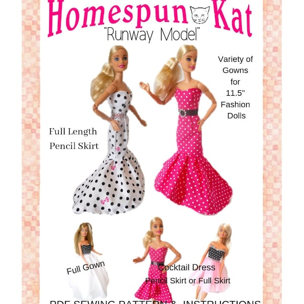 PDF Sewing Pattern, 11 Inch Fashion Doll, Ball Gown, Pencil Skirt, Doll Clothes, Instant Download, Made for Barbie