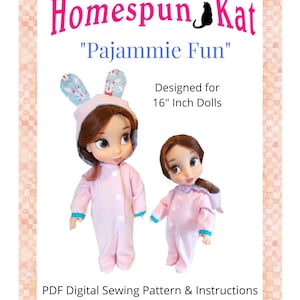 Pajammie Fun, Footed PJ Pattern, Animator Dolls, PDF Sewing Pattern, Instant Download, Doll Clothing, One Piece Unionsuit, Sleepwear
