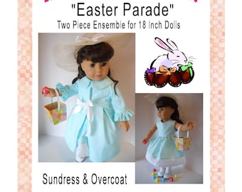 May include: PDF sewing pattern for an 18-inch doll Easter outfit. The pattern includes a blue sundress and a matching blue and white overcoat. The pattern is titled "Easter Parade" and includes a cute bunny illustration.